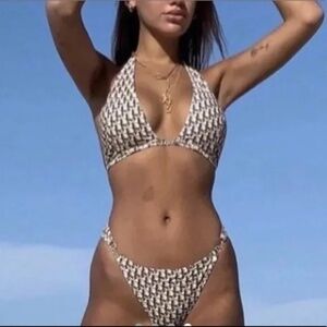 Luxory Christian Dior Logo Bikini size S-M Taupe and White with Rhinesto…